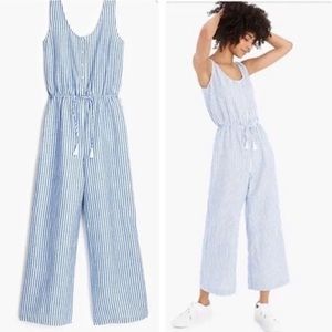 J.Crew Sofia Stripe Cobalt Sea Button-front Tie-waist Linen Jumpsuit L7452 XL
